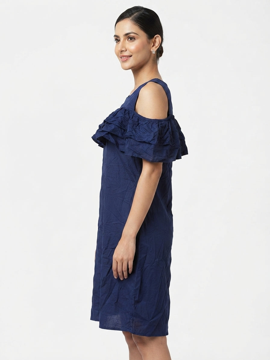 Navy Blue Ruffled Cold Shoulder Dress