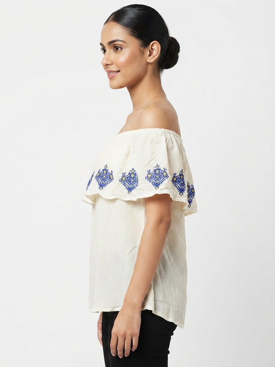 Women's Off-Shoulder Crinkled Printed Casual Top