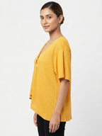 Women's Yellow Textured V-Neck Ring Detail Top