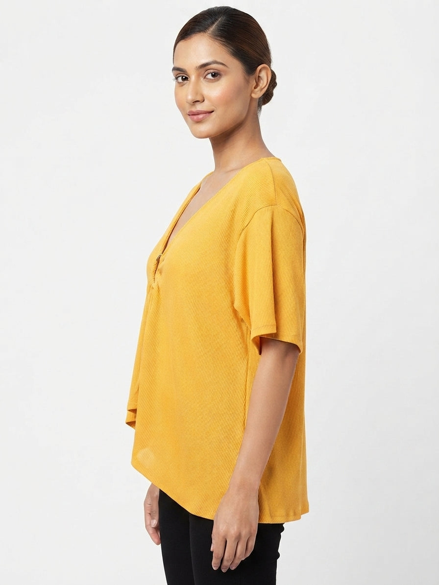 Women's Yellow Textured V-Neck Ring Detail Top
