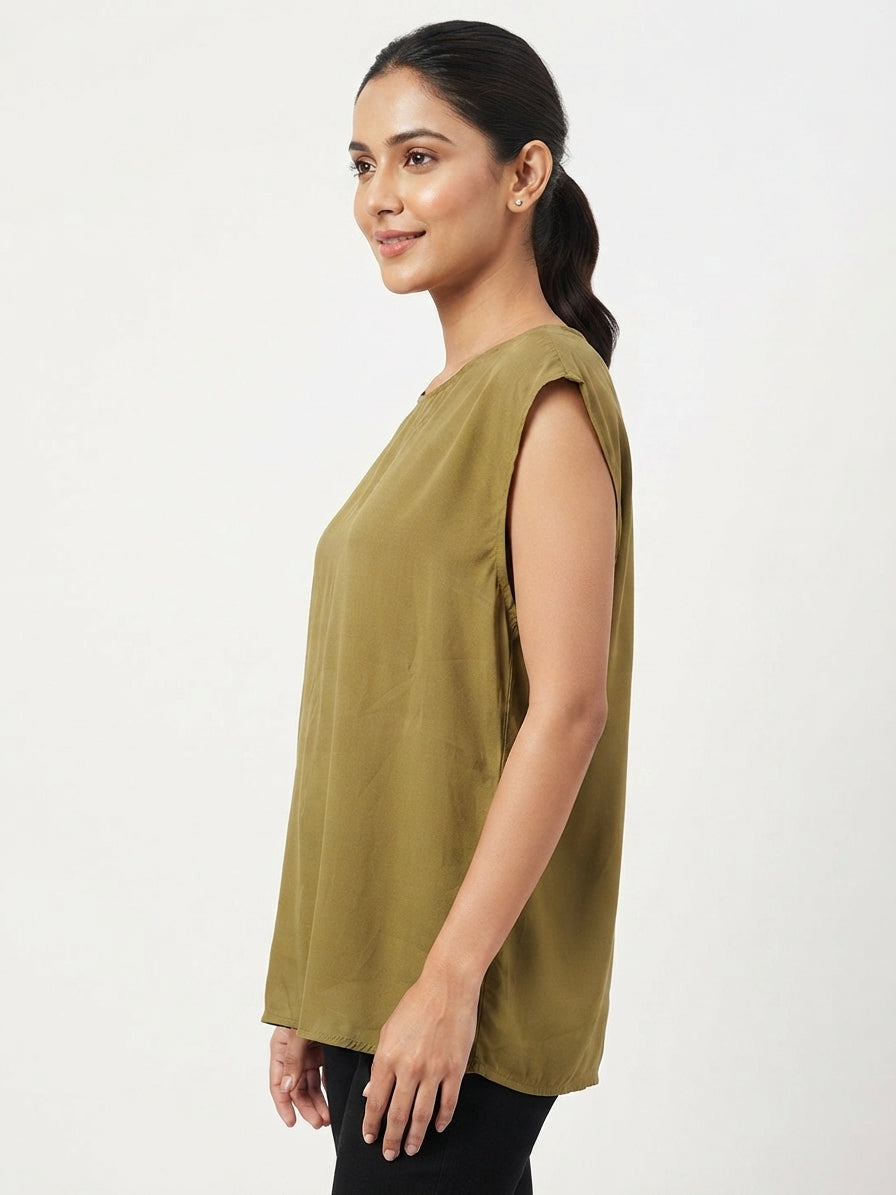 Women's Olive Green Solid Sleeveless Relaxed Fit Top