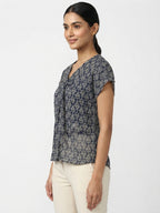 Navy Blue Printed V-Neck Casual Top