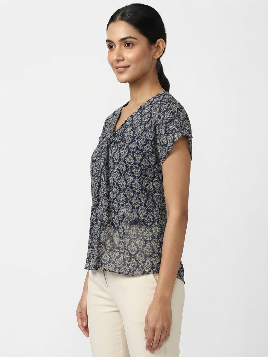 Navy Blue Printed V-Neck Casual Top