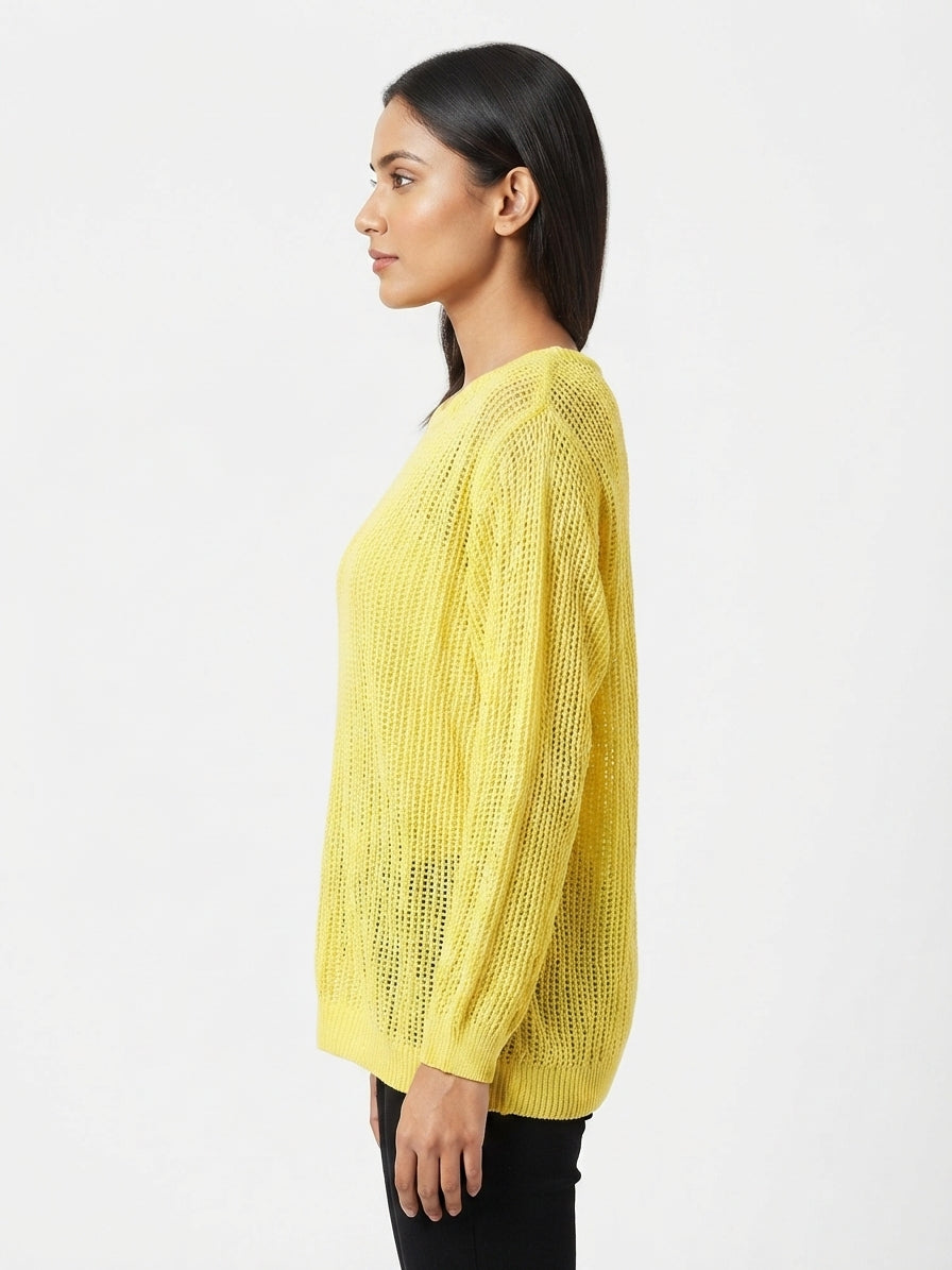 Yellow Textured Knit Relaxed Fit Sweater