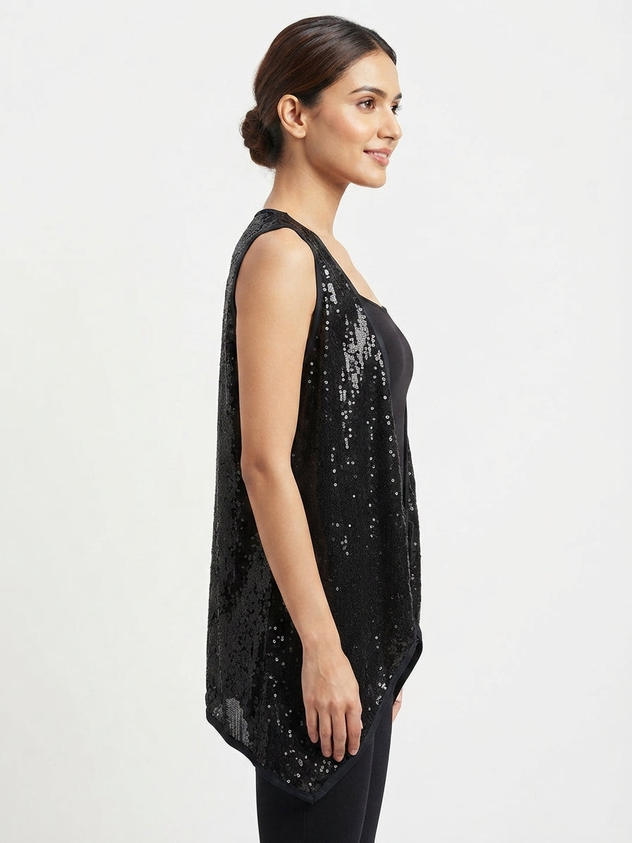 Women's Black Embellished Sleeveless Shrug