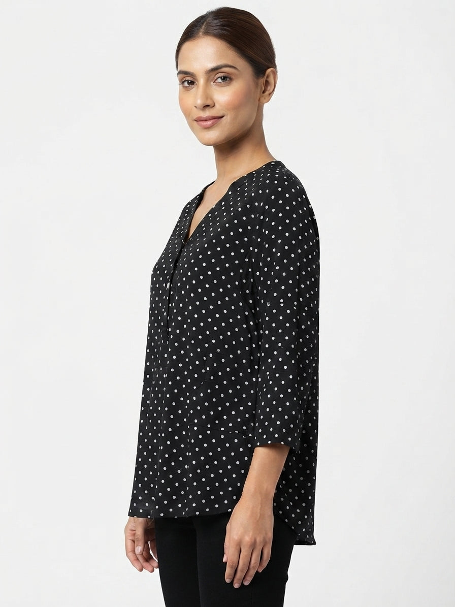 Women's Black Polka Dot V-Neck Relaxed Fit Top