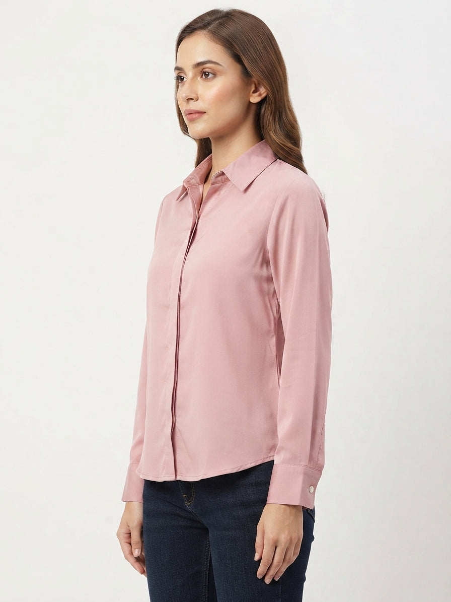 Pink Solid Collared Long Sleeve Casual Shirt