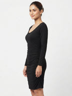 Black Solid Slim Fit Ruched Party Dress