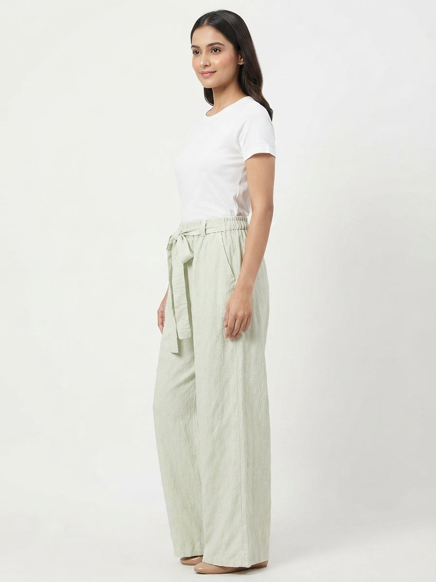 Light Green Textured Tie-Waist Relaxed Fit Trousers