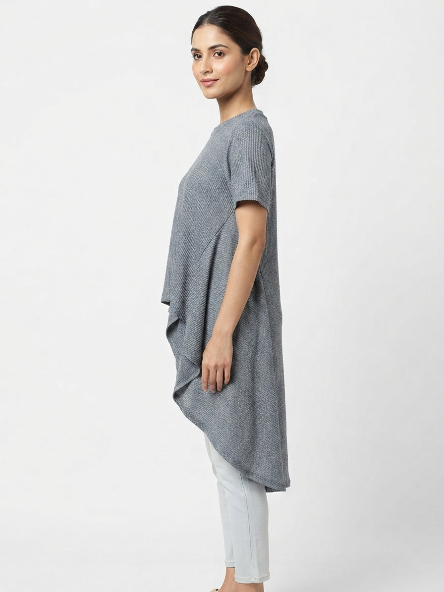 Grey Solid Ribbed Knit Asymmetric Hem Top