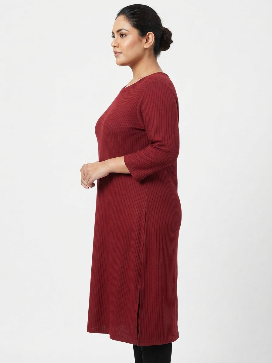 Maroon Ribbed Texture Round Neck Kurti