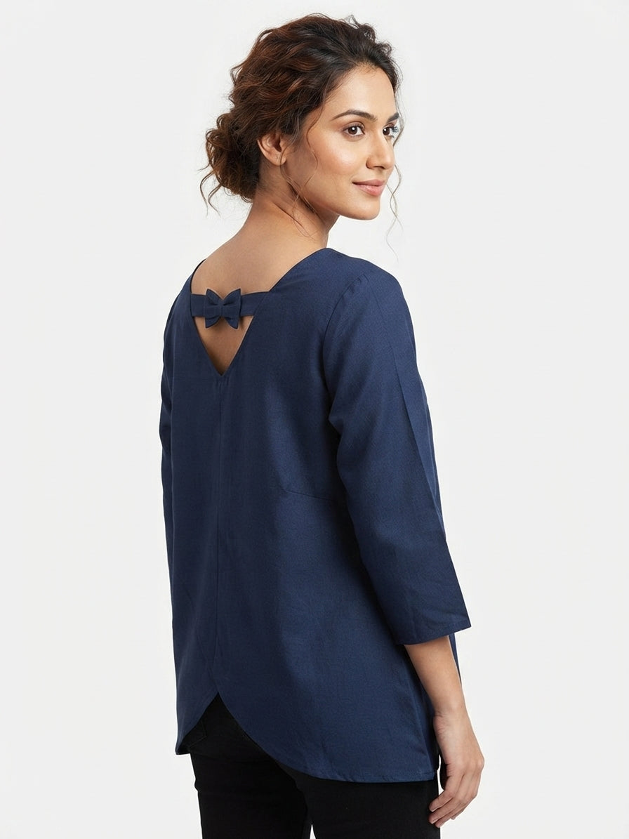 Women's Navy Blue Relaxed Fit Top with Back Bow Detail
