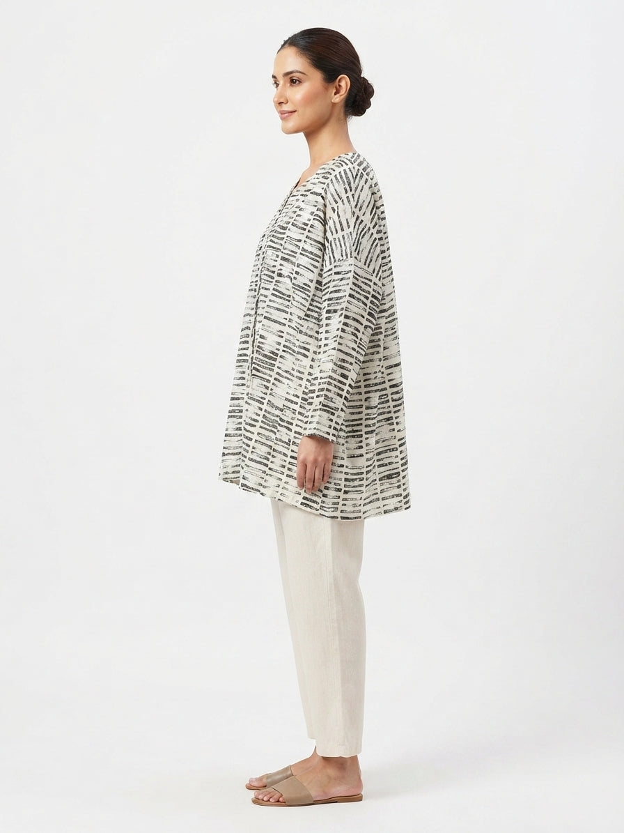 Off White & Black Abstract Print Relaxed Fit Tunic Top