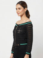 Black Striped Off-Shoulder Zipper Top