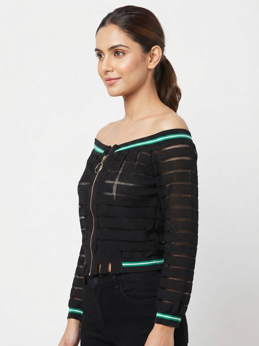 Black Striped Off-Shoulder Zipper Top