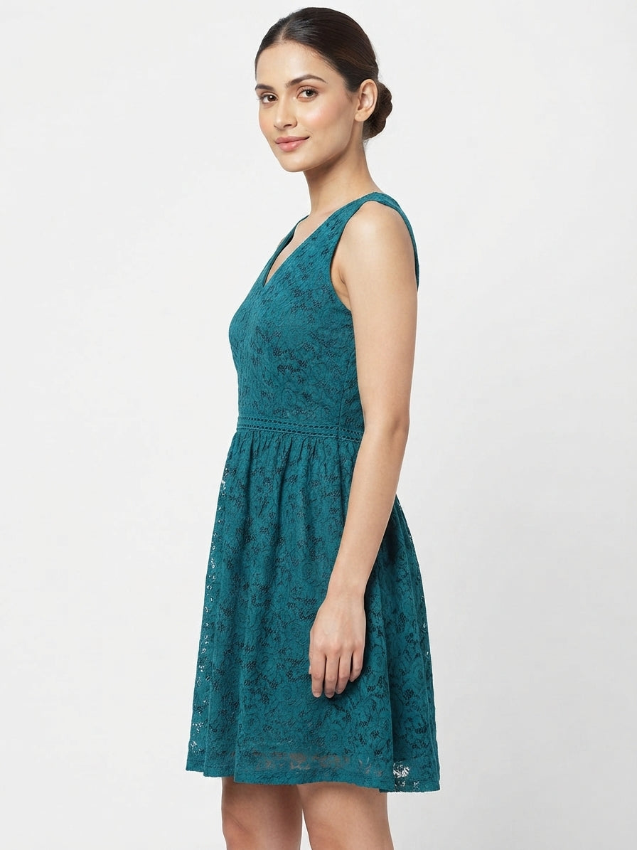 Teal Floral Lace A-line Mini Dress