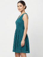 Teal Floral Lace A-line Mini Dress