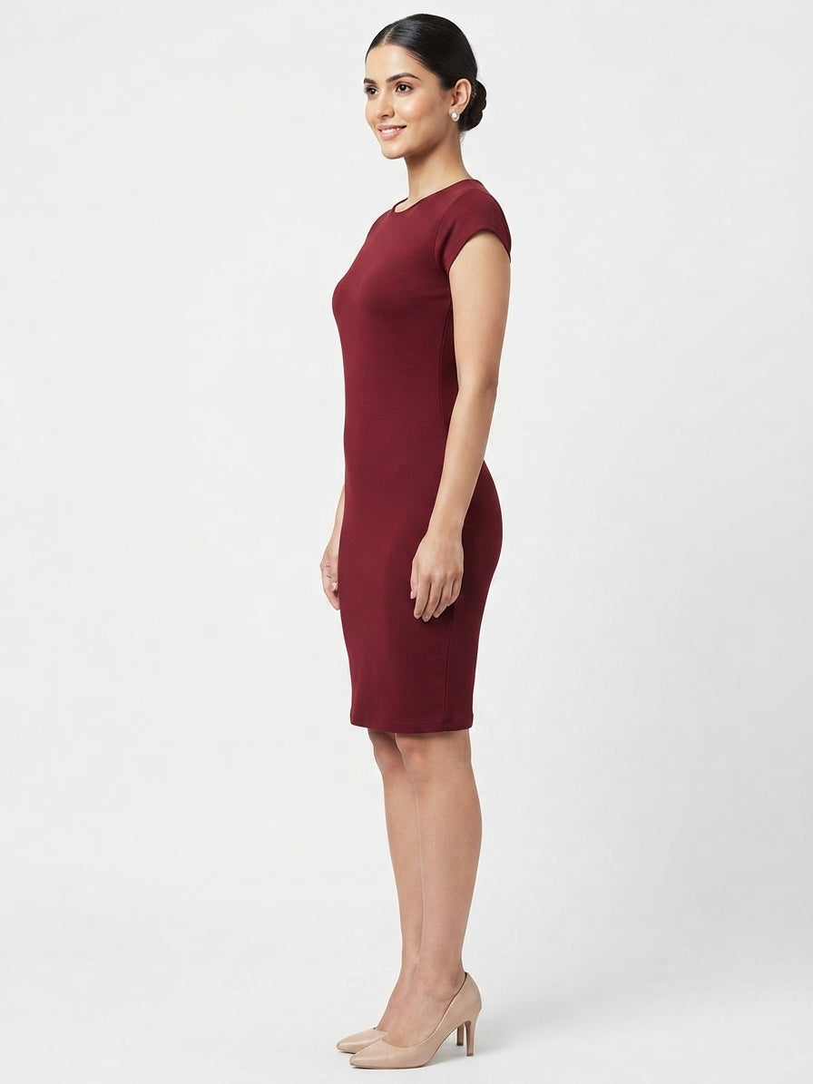 Burgundy Solid Slim Fit Bodycon Dress