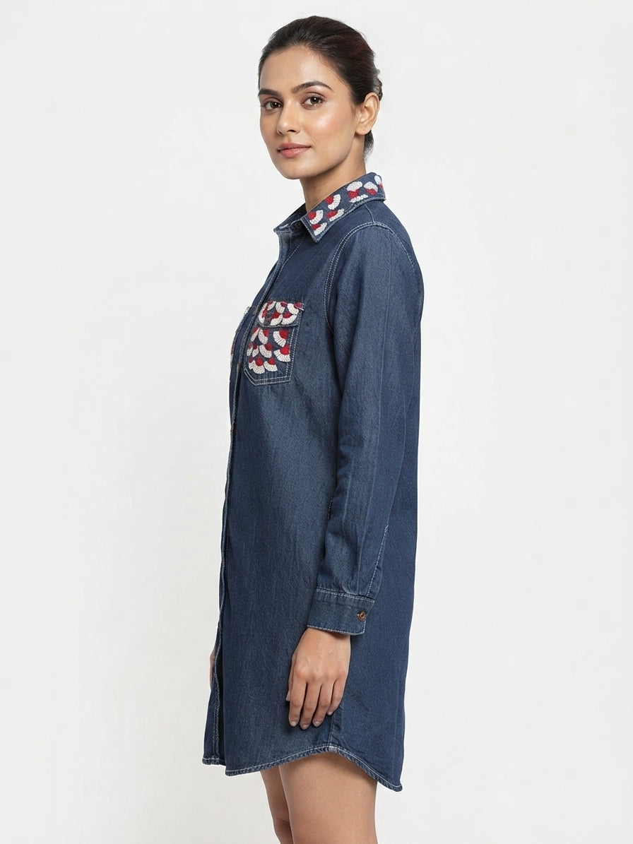 Embellished Denim Tunic Shirt Dress