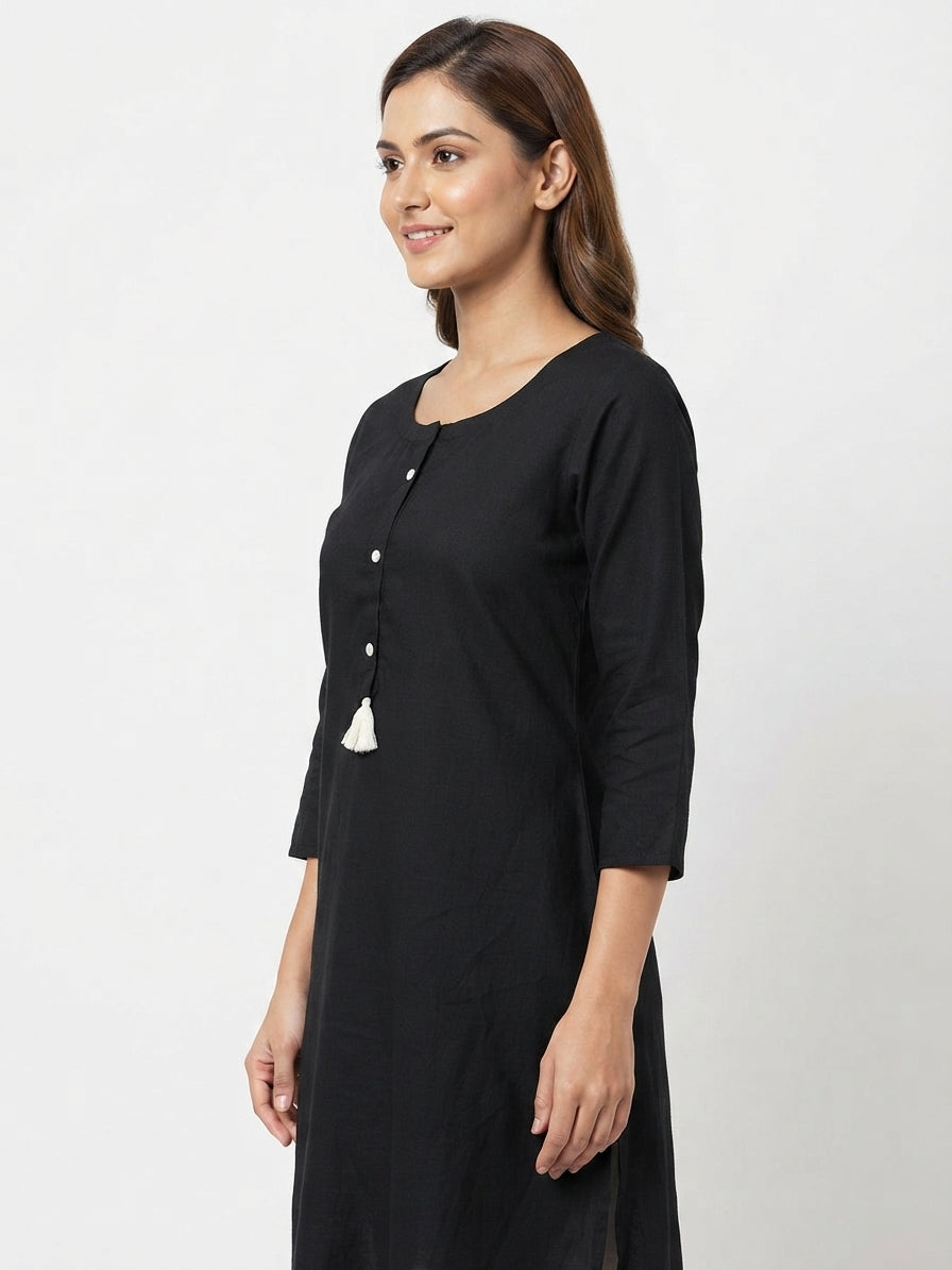 Women's Black Solid Round Neck Rayon Kurti