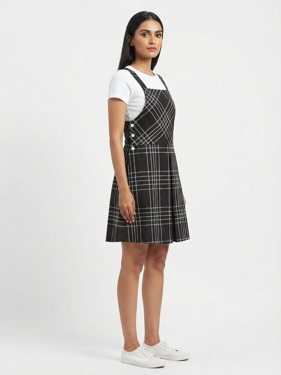 Black Plaid Regular Fit Pinafore Dress