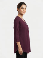 Women's Wine Solid V-Neck Tunic Top with Embellishment