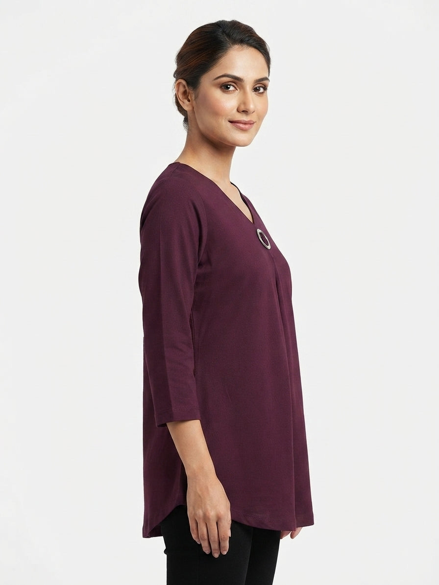 Women's Wine Solid V-Neck Tunic Top with Embellishment