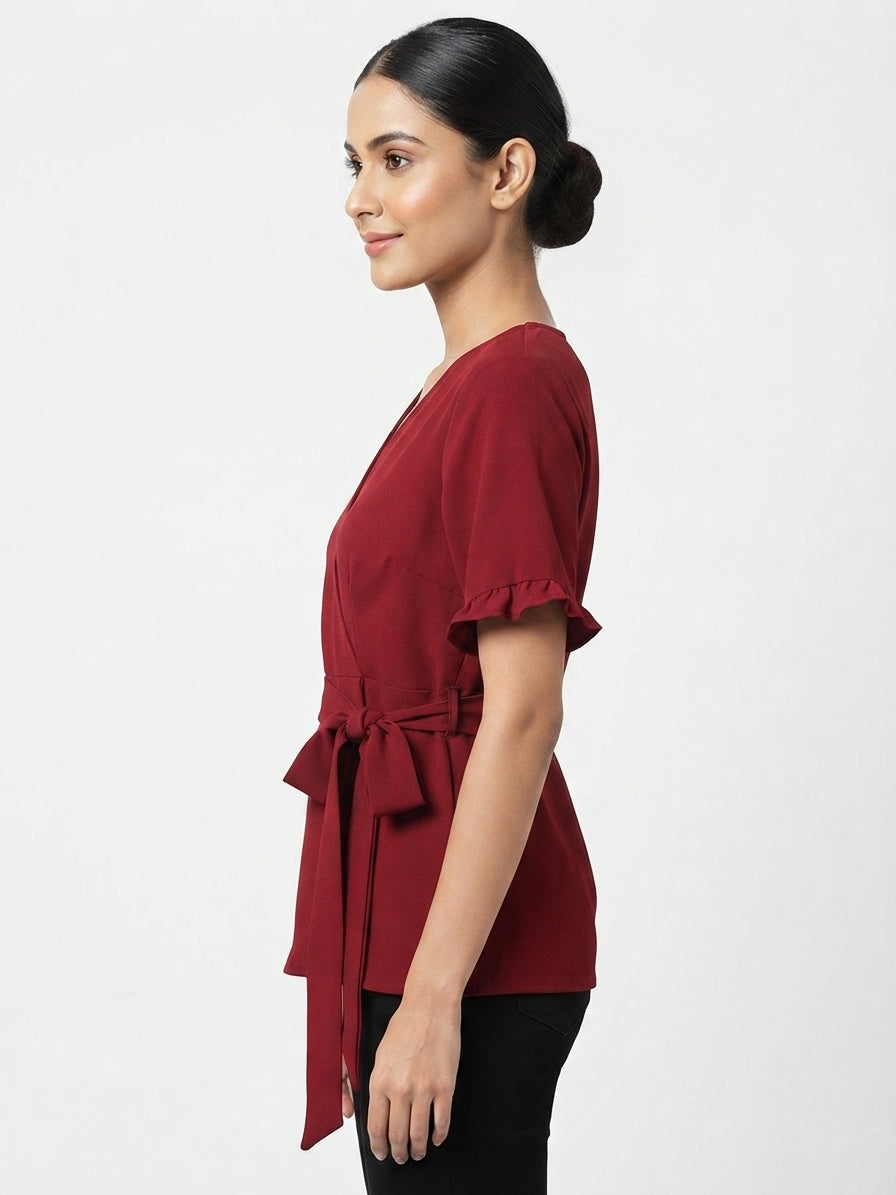 Women's Wine Solid V-Neck Wrap Top with Tie-Up Waist