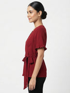 Women's Wine Solid V-Neck Wrap Top with Tie-Up Waist
