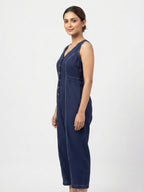 Navy Blue Sleeveless Button-Front Jumpsuit with Contrast Stitching
