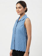 Blue Sleeveless Top with Scalloped Hem and Pearl Collar