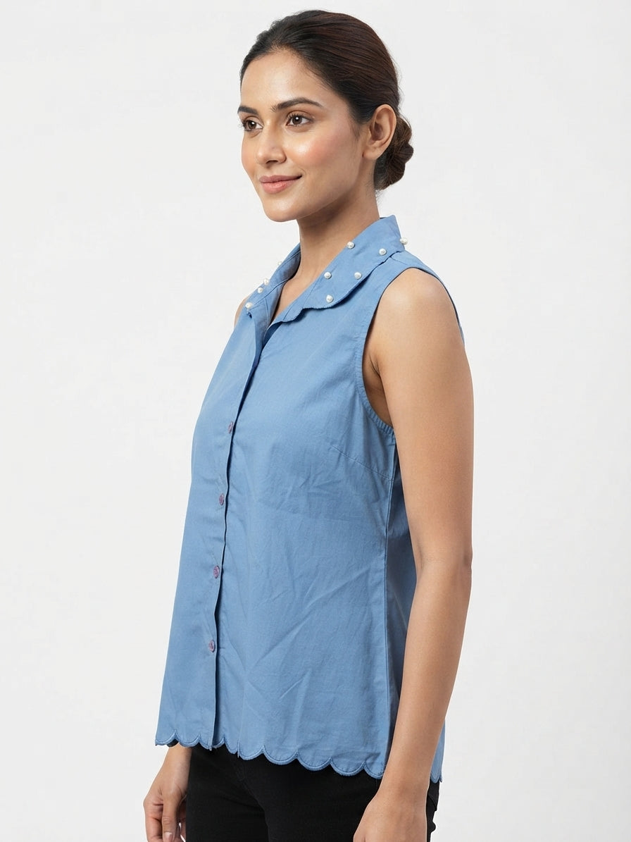 Blue Sleeveless Top with Scalloped Hem and Pearl Collar