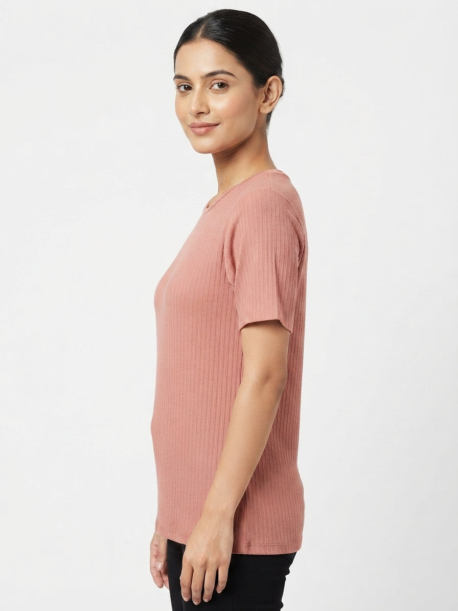 Women's Peach Solid Ribbed T-Shirt