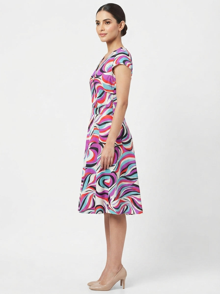 Women's Multi-Color Abstract Print Flared Dress