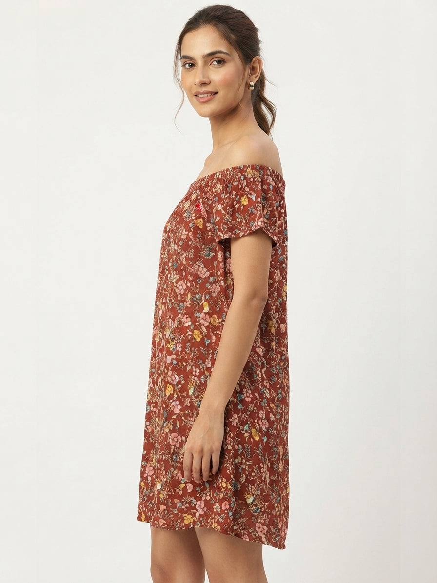 Rust Floral Print Off-Shoulder Relaxed Fit Dress