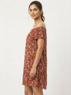 Rust Floral Print Off-Shoulder Relaxed Fit Dress