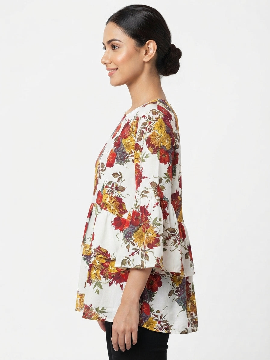 White Floral Printed Tiered Top