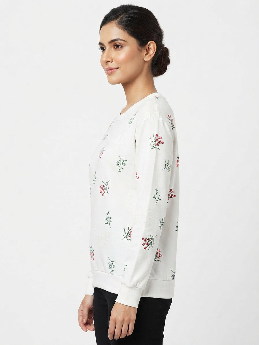 White Floral Printed Crew-Neck Sweatshirt