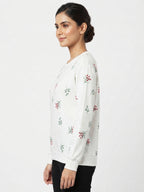 White Floral Printed Crew-Neck Sweatshirt
