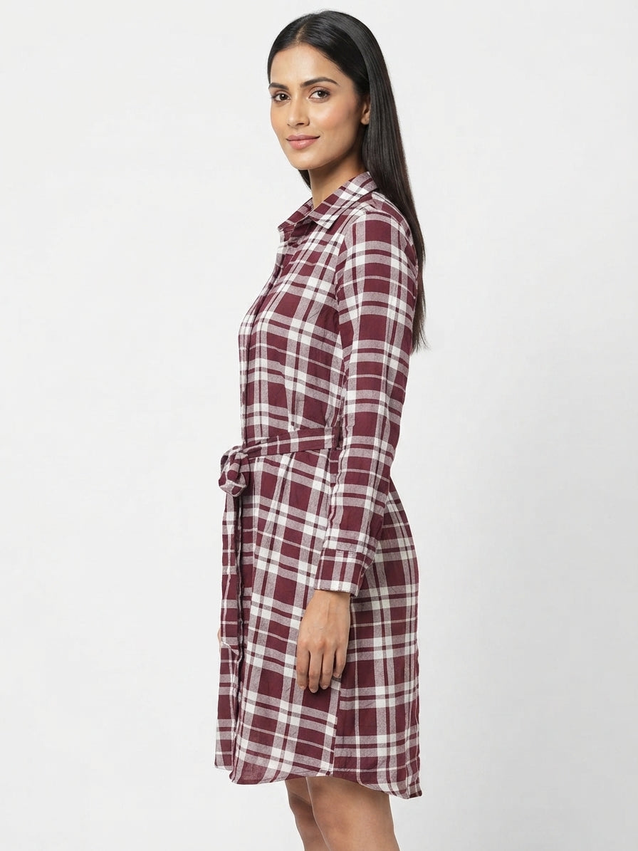 Maroon & White Checkered Button-Down Shirt Dress
