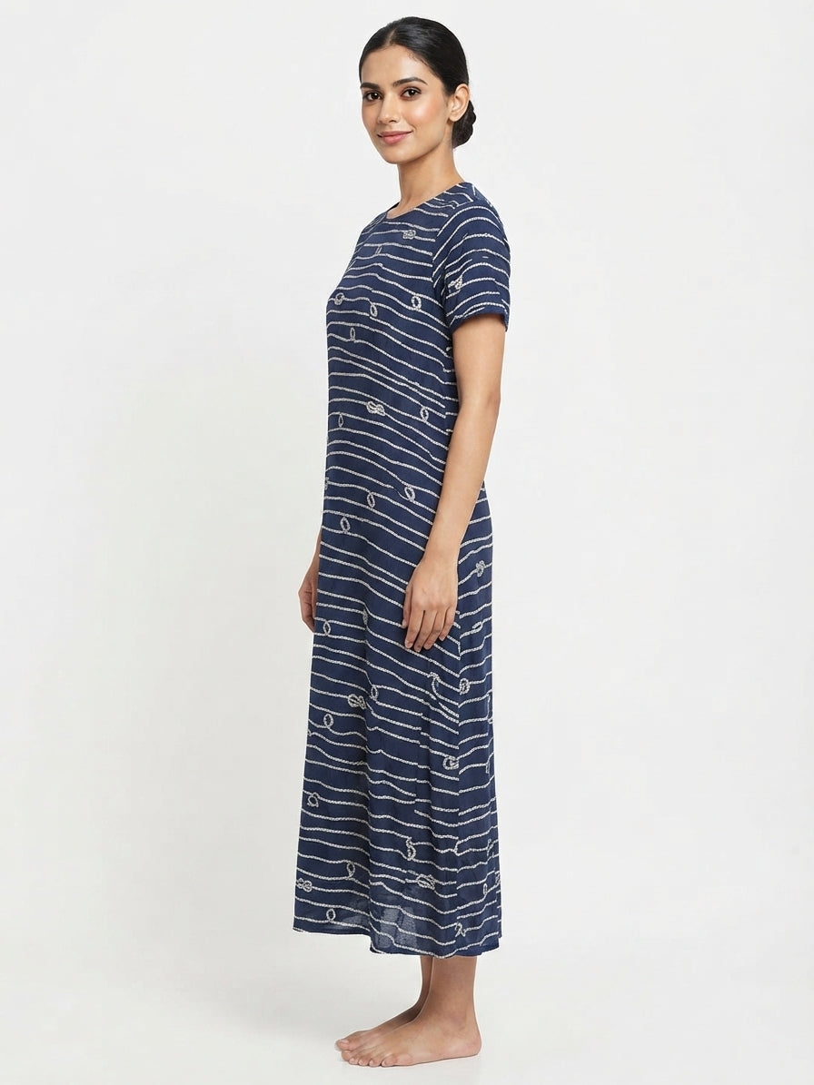 Navy Blue Printed Round Neck Casual Dress