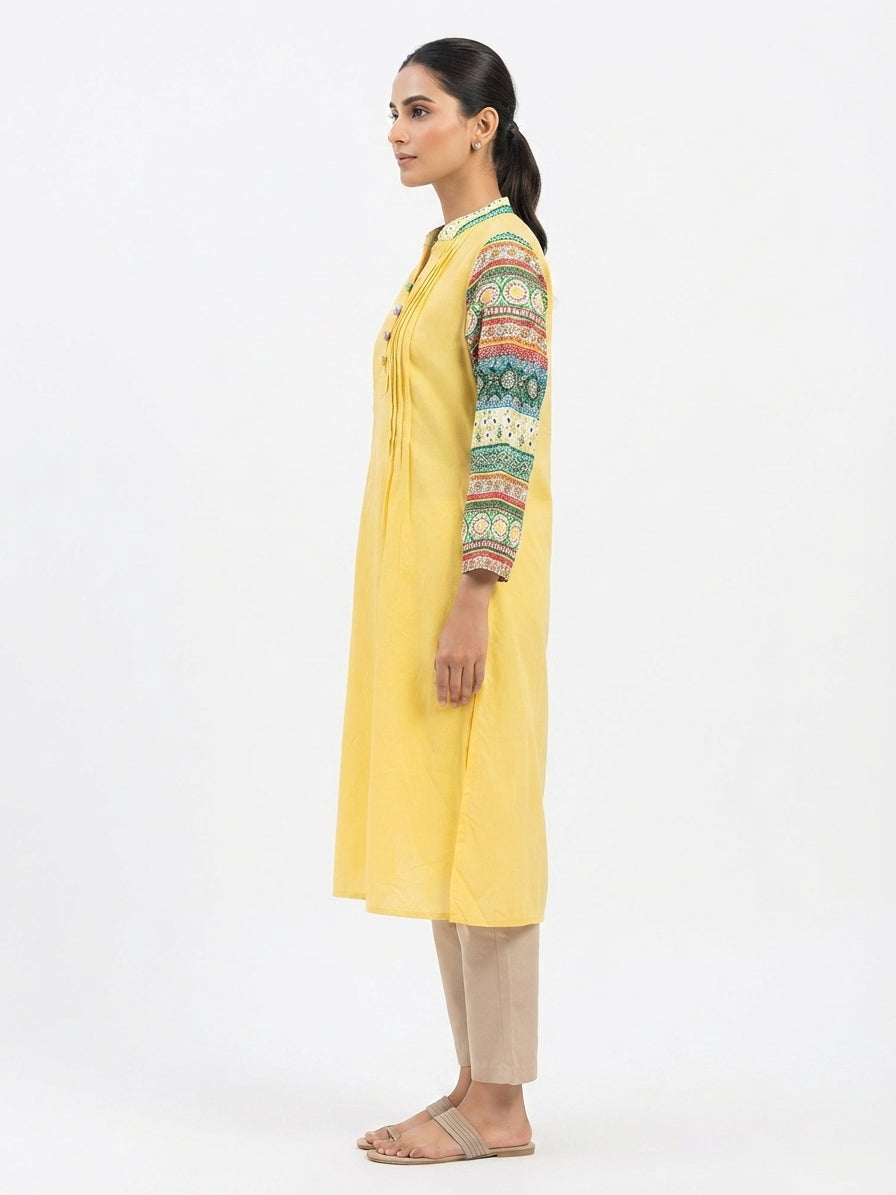 Yellow Printed Kurti with Ethnic Sleeves