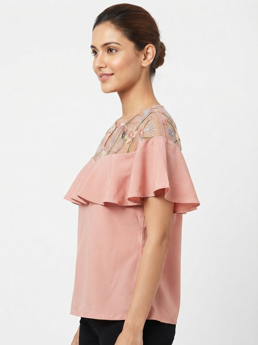 Peach Floral Embroidered Ruffle Top
