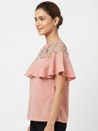 Peach Floral Embroidered Ruffle Top