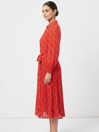 Red Polka Dot Pleated Midi Dress with Belt
