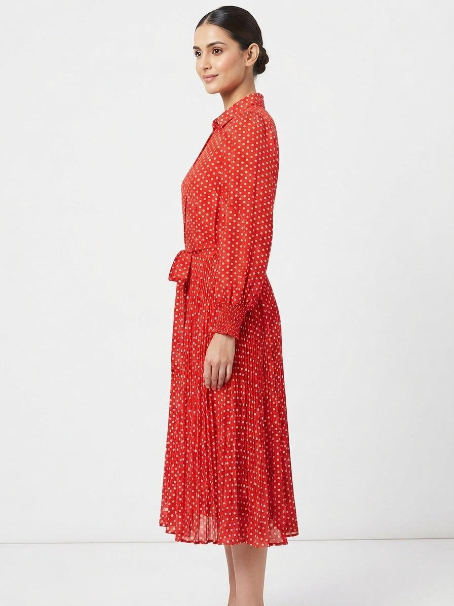 Red Polka Dot Pleated Midi Dress with Belt
