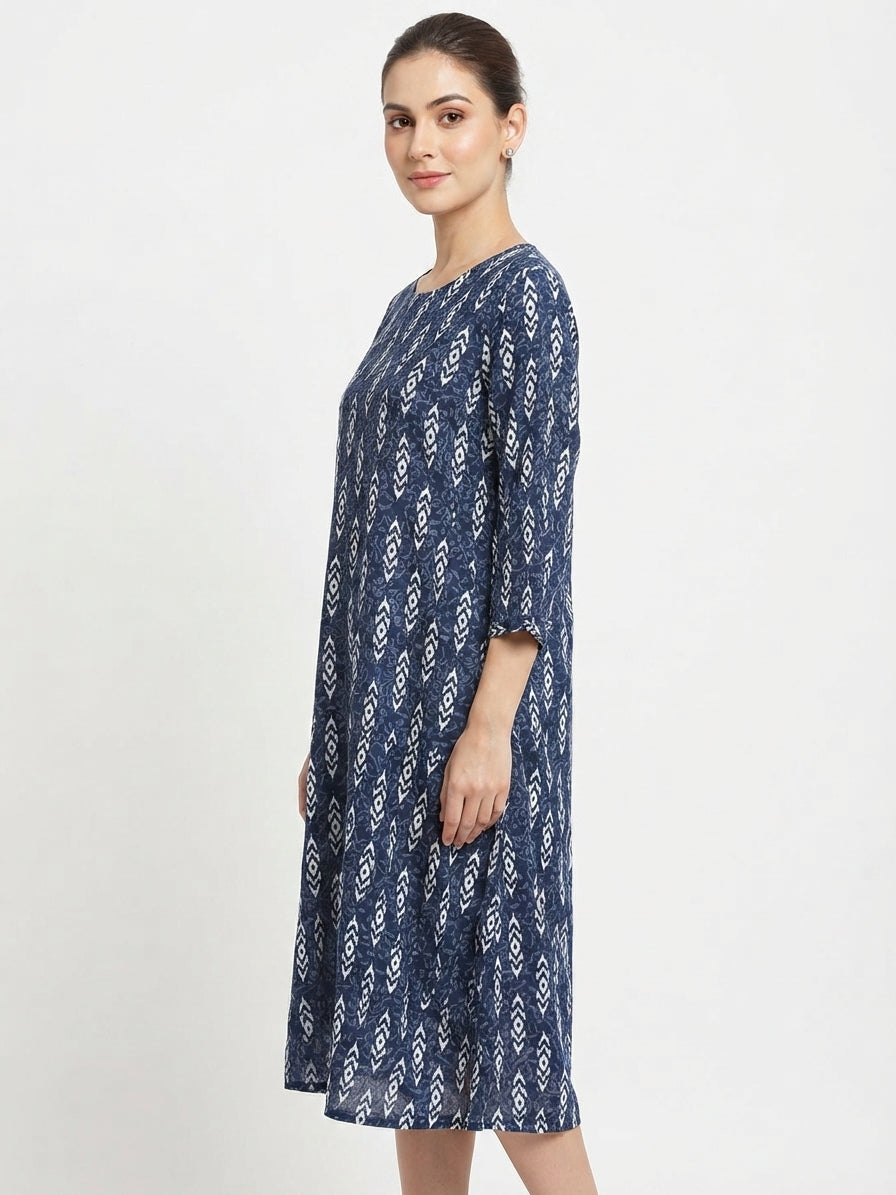 Navy Blue Ethnic Print Relaxed Fit Kurti