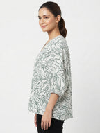 Women's White & Dark Green Botanical Print Relaxed Fit Top