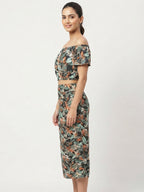 Women's Floral Print Off-Shoulder Crop Top and Skirt Co-ord Set