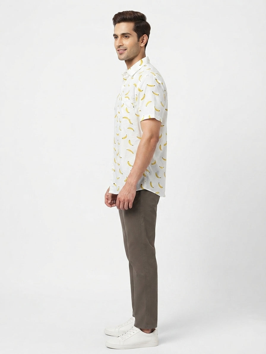 White Banana Print Casual Half Sleeve Shirt